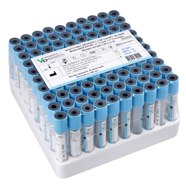 Вакуумна пробірка 3,6 мл, 13*75 мм, з цитратом натрію 3,8%, з блакитною кришкою, 100 шт. стерильна